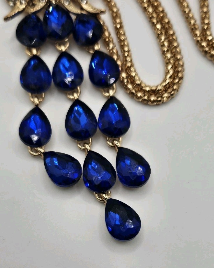 Pendant Necklace Austrian Crystal AB Statement Peacock Gold Tone 30″