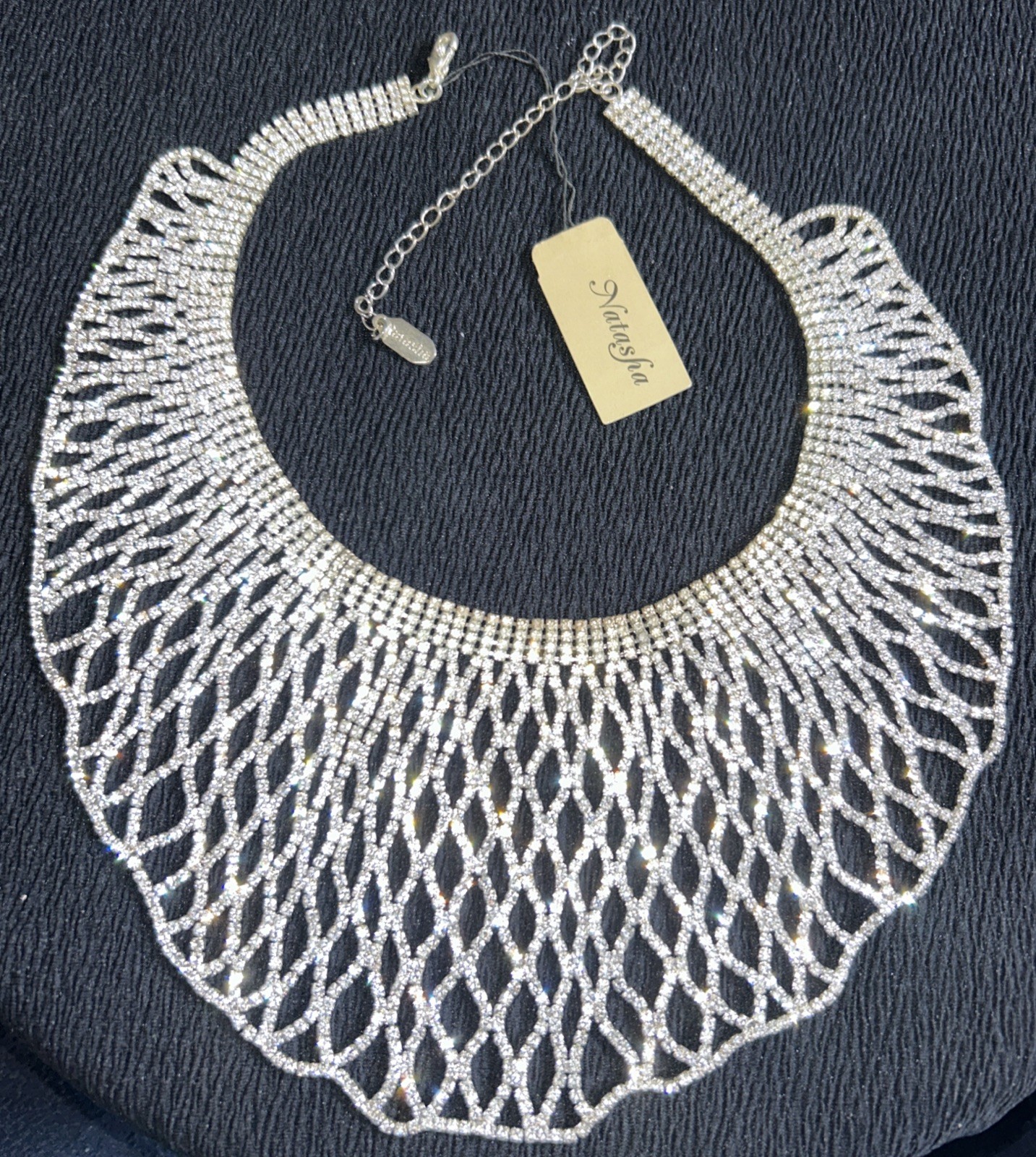 Natasha designer Necklace Silver Bib Crystal Ice rhinestones Statement New Tags