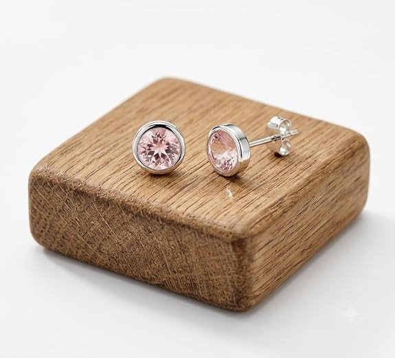JUS 925 Sterling Silver Round Rose Quartz Stud Earrings Bezel Set Pink Gemstone