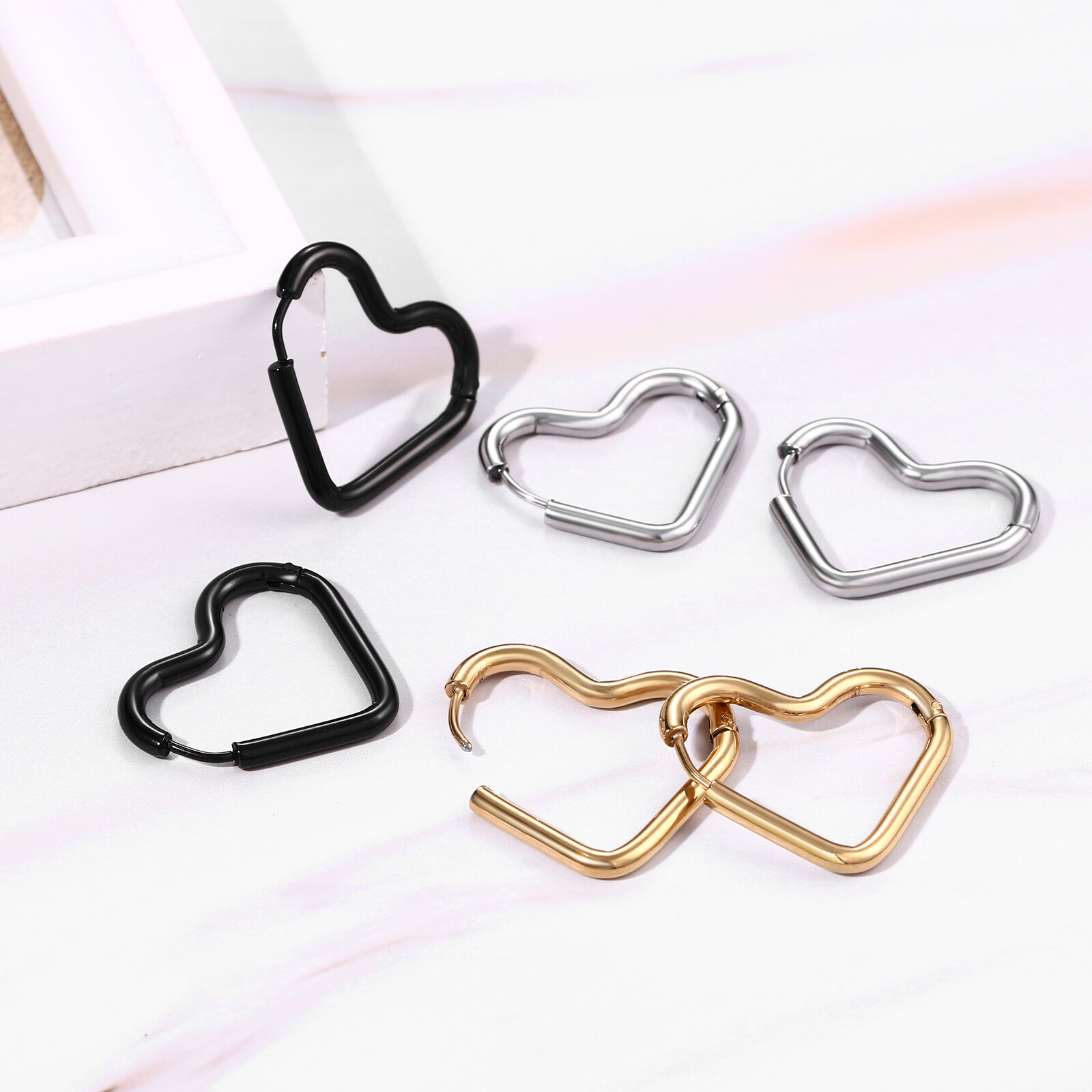 6pcs Women 316L Surgical Steel Heart Hoop Earrings Piercing Hypoallergenic Studs