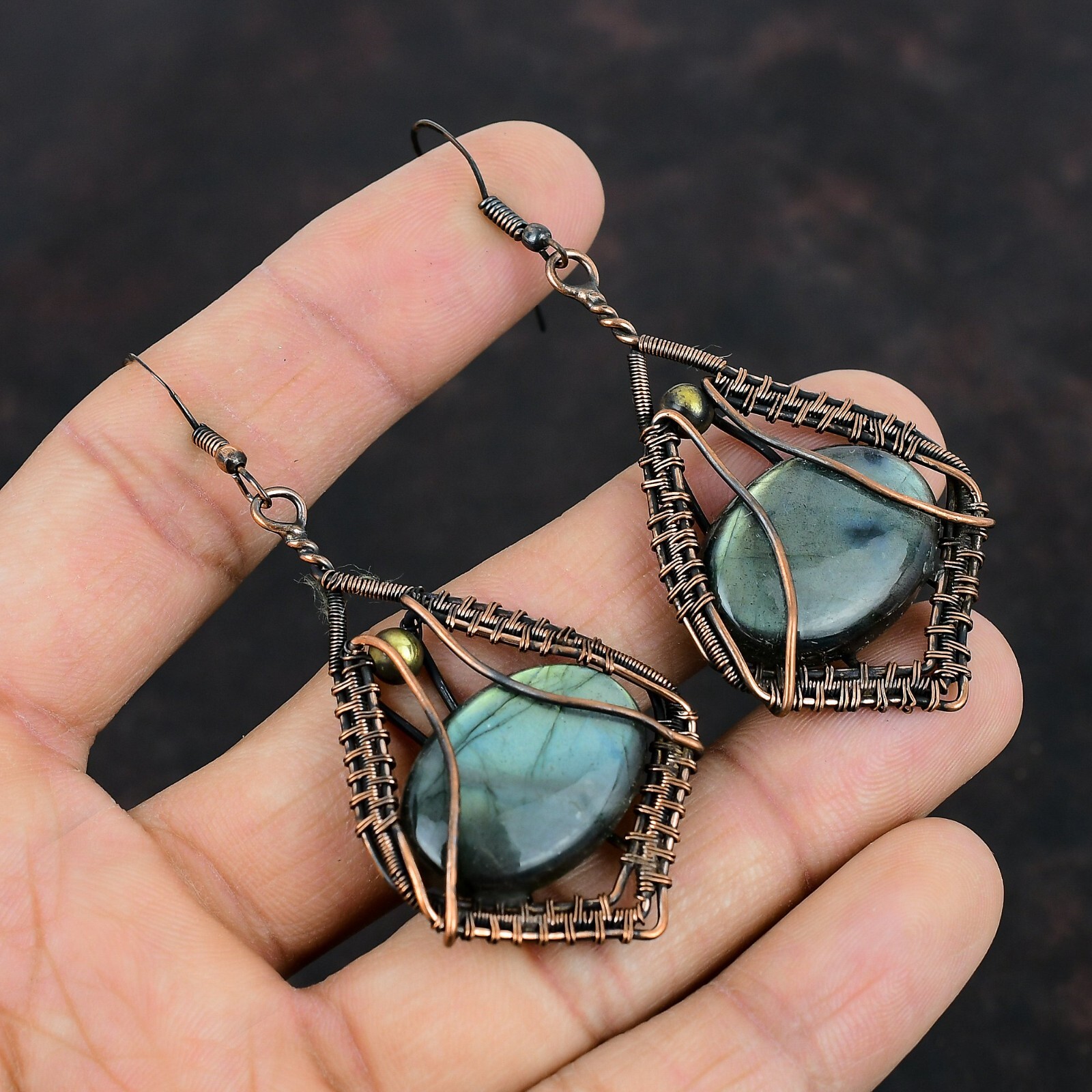 Labradorite Wire Wrapped Drop/Dangle Earrings Handcrafted Copper Unique 2.95″