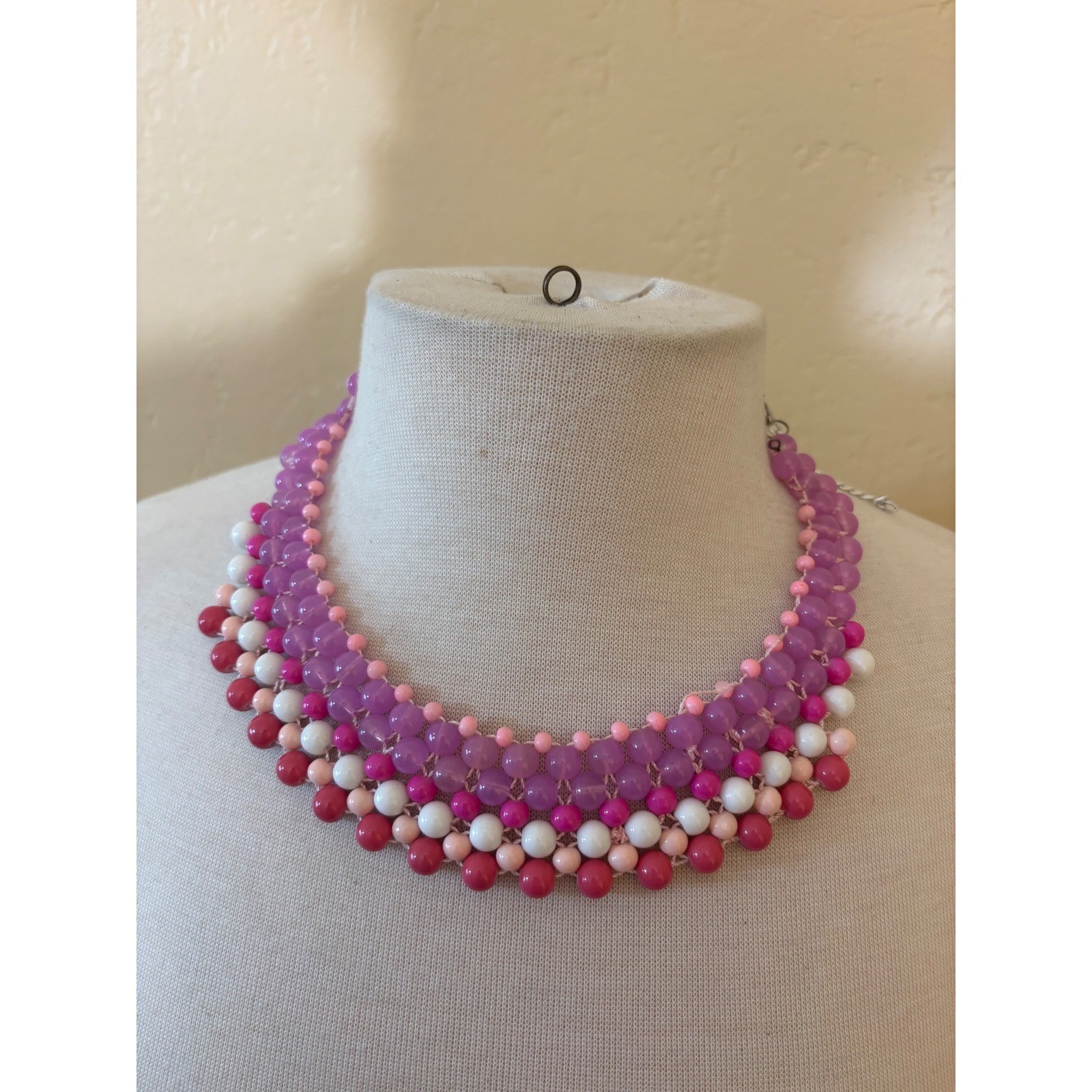 Handmade Pink Purple White Beaded Bib Statement Necklace Adjustable