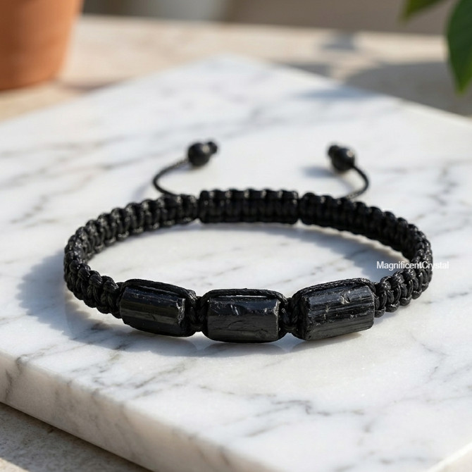 Raw Black Tourmaline Adjustable Braided Men Bracelet Natural Protection Stone