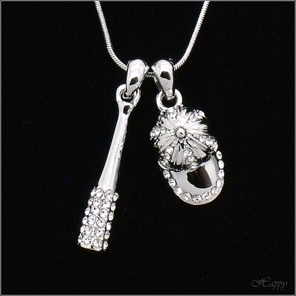 3D Baseball Cap Bat Set Sports BALLCAP Pendant Necklace Crystal Clear New Jewelr