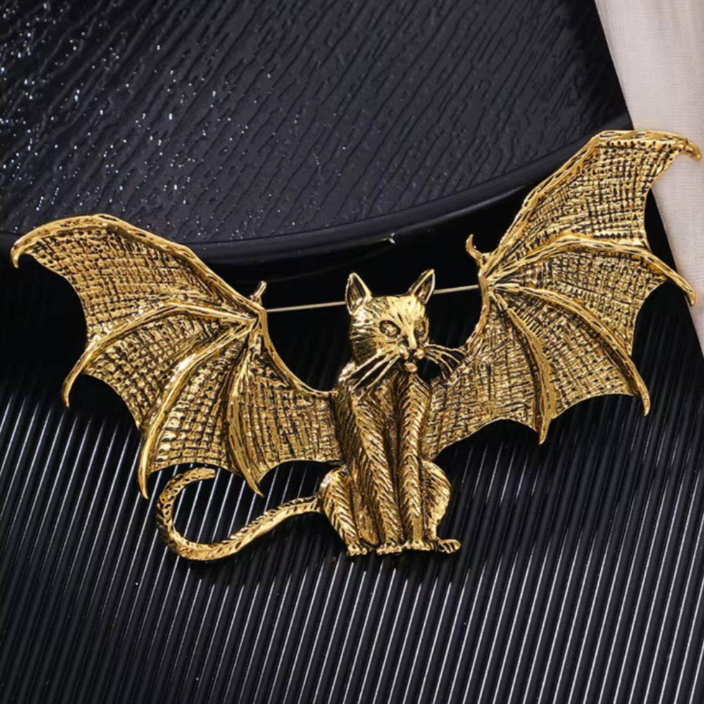 Halloween Gold Bat Winged Cat Brooch Pin Gothic Jewelry Costume Accessory Gift