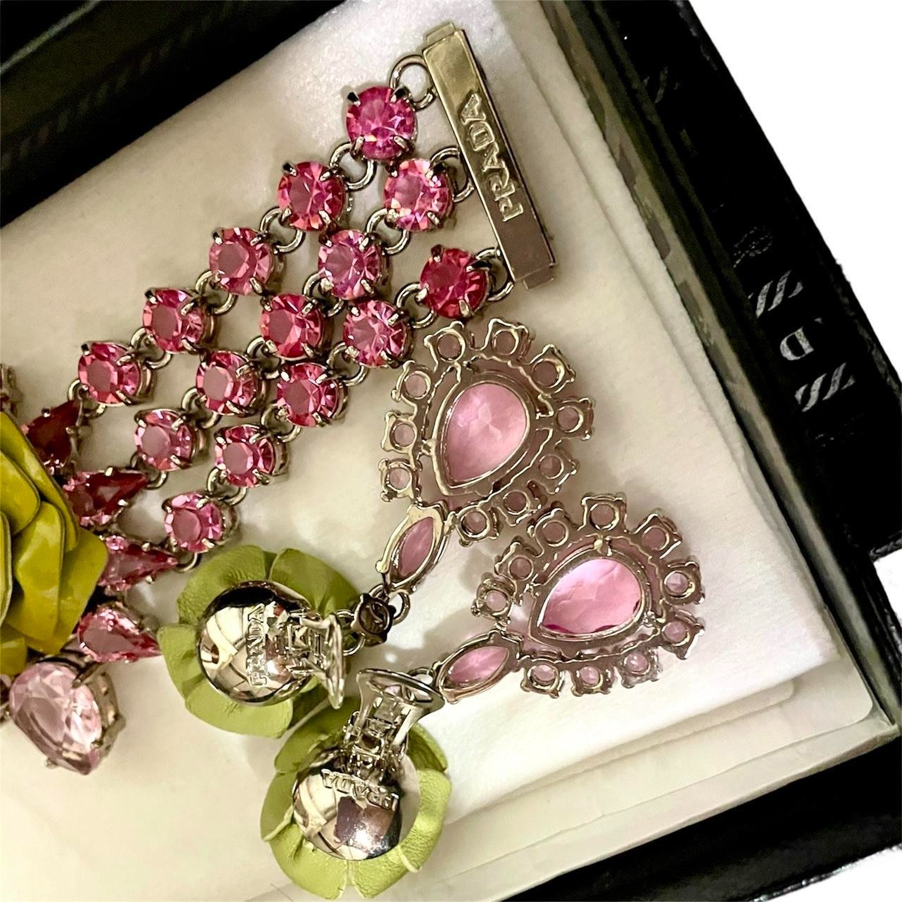 Prada S/S 2012 Green Patent Leather Rose Pink Rhinestone Bracelet & Earrings Set