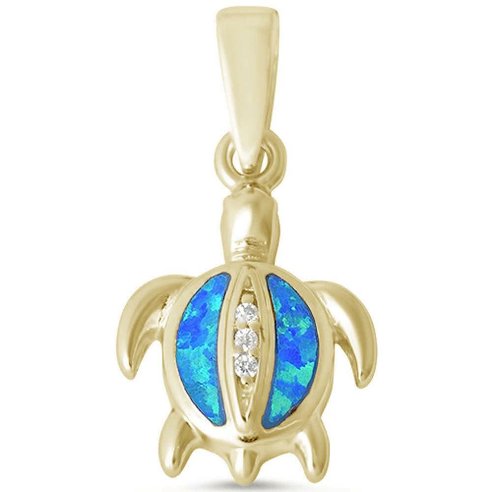 Yellow Gold Plated Blue Opal Turtle .925 Sterling Silver Pendant