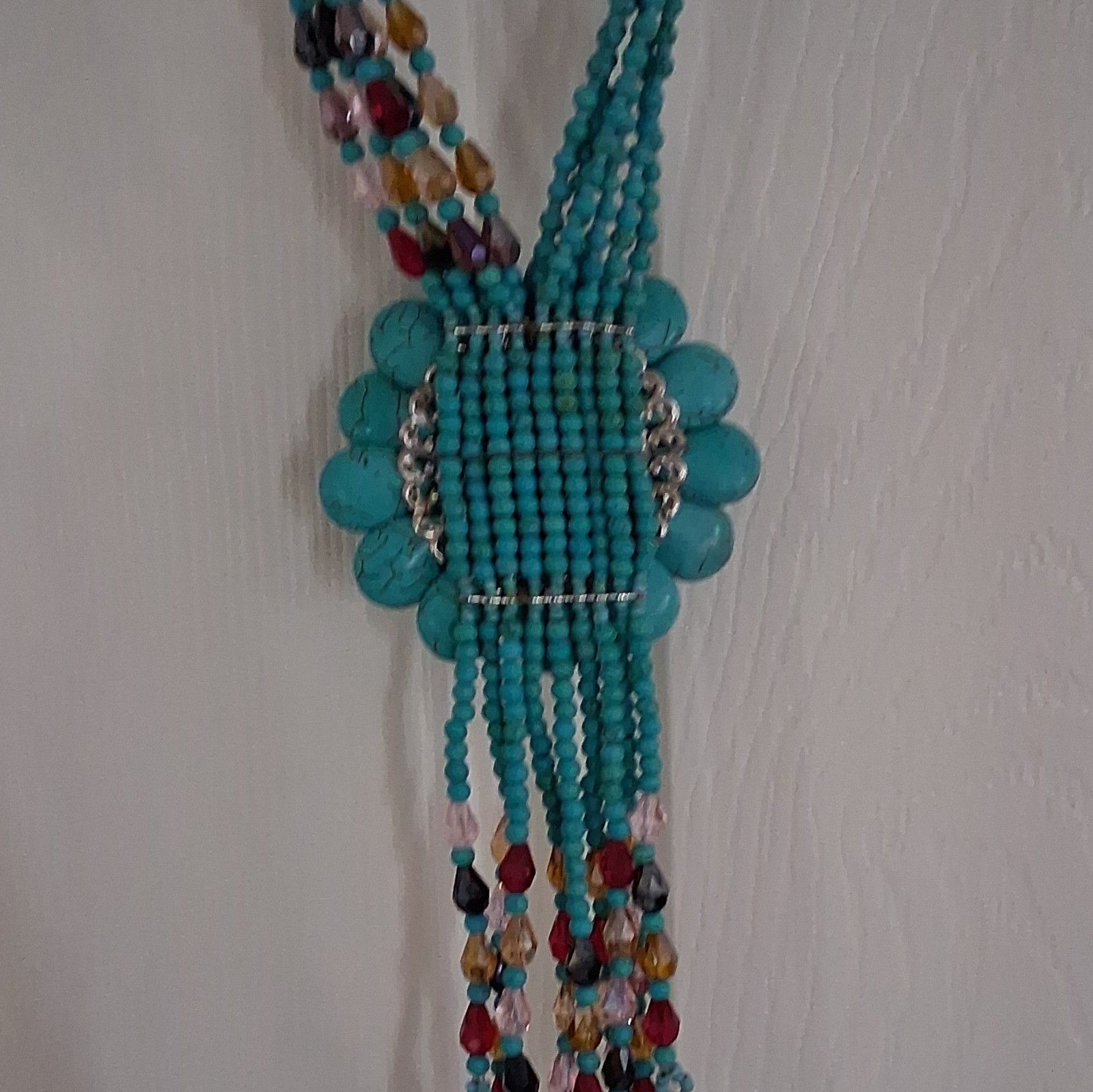 Turquoise Multi-Strand Beaded Statement Flower Pendant Necklace Adjustable
