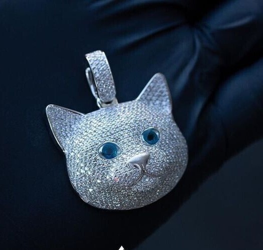 Round Simulated Diamond Stunning Cluster Cat Face Pendant 14K White Gold Plated