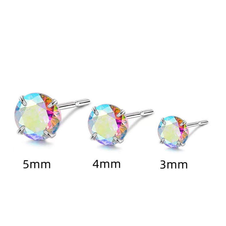 S925 Sterling Silver Tiny AB Crystal Round Girl Women Stud Post Earrings 3/4/5mm