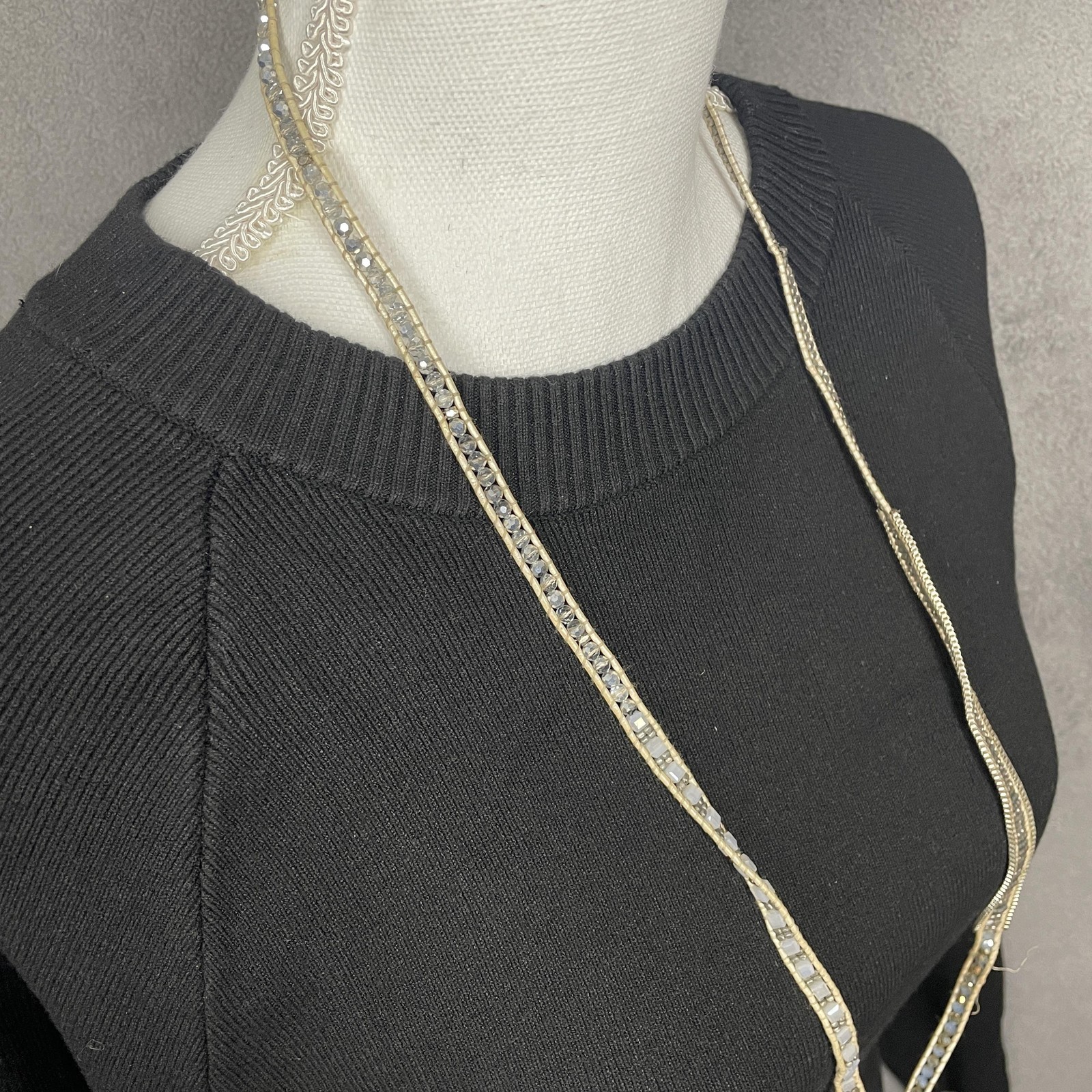 Necklace Beige Leather Gray Crystal Beaded Wrap Slide Long 35 In Womens Jewelry