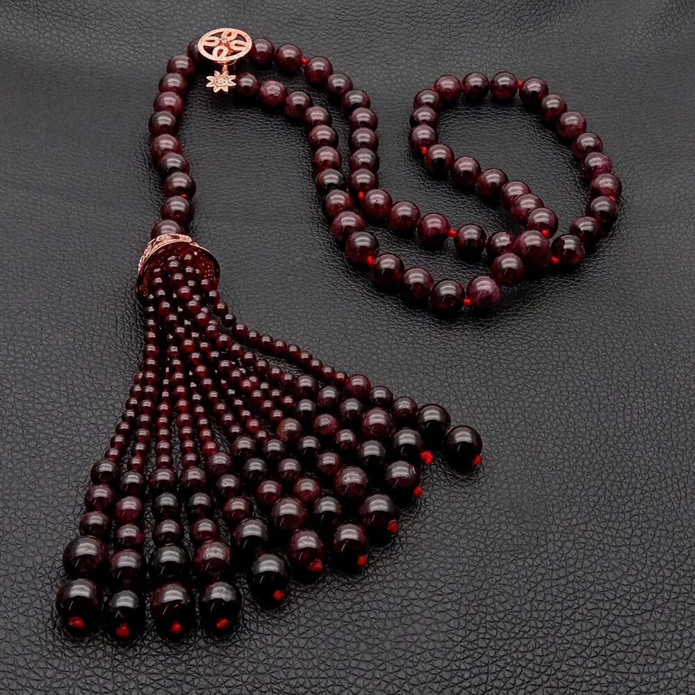 Natural Round Garnet Y-Drop Necklace Graduated Tassel Cz Pave Cap Pendant 29″