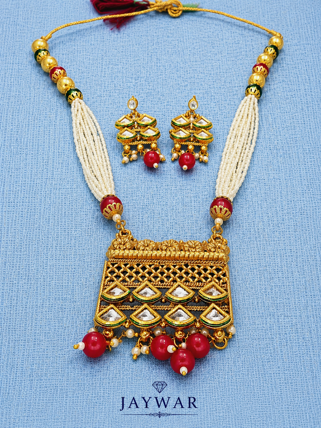 JAYWAR Kundan Pearl Beaded Necklace Set Red Green Gold Tone Ethnic Jewelry