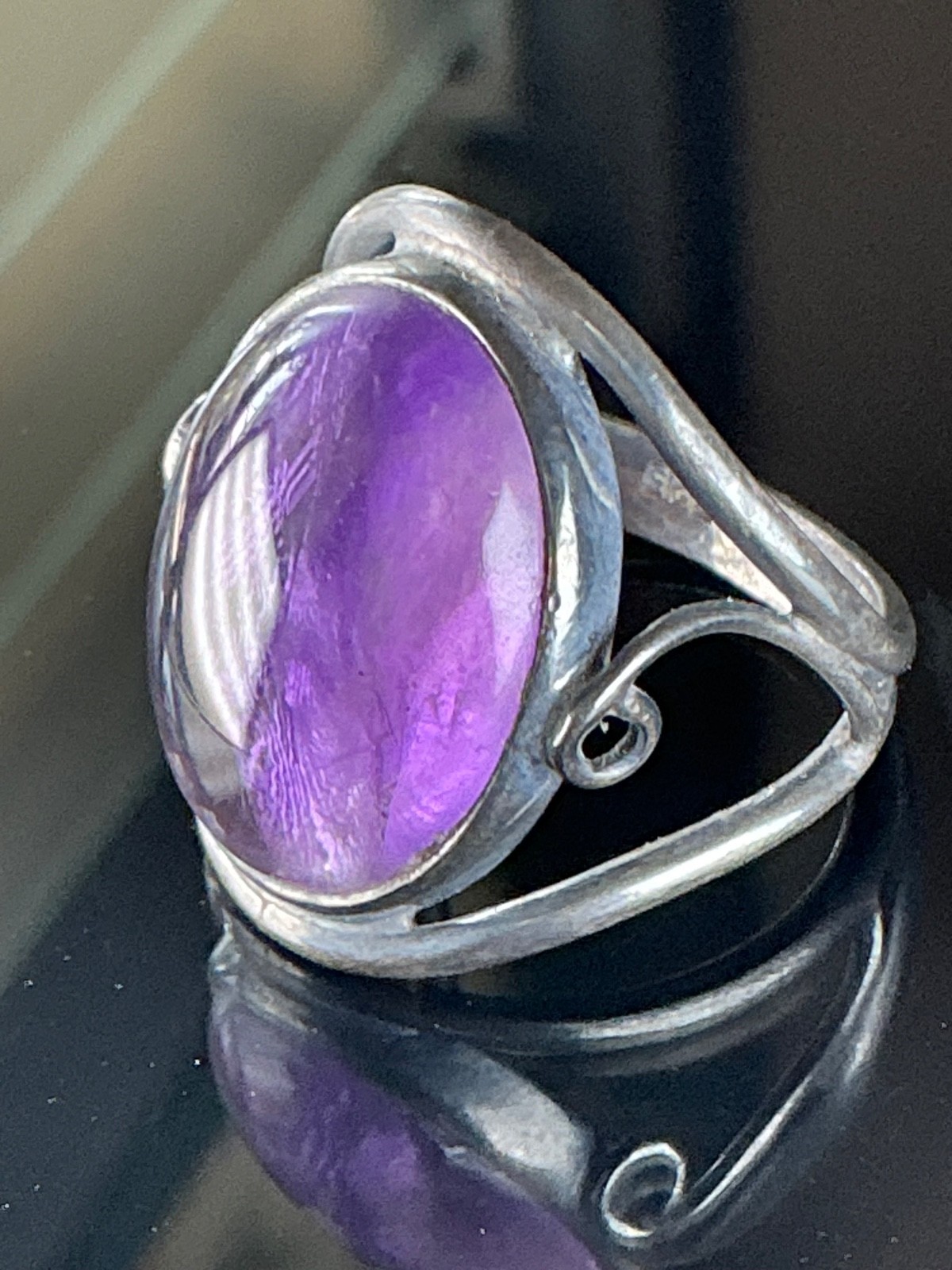 Old Vintage Unique Style Purple Amethyst Stone Silver Ring Size 10