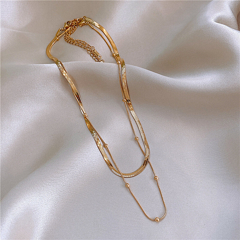 Woman 18K Gold Plated Stainless Steel 2 Layers Beaded Snake Chains Necklaces
