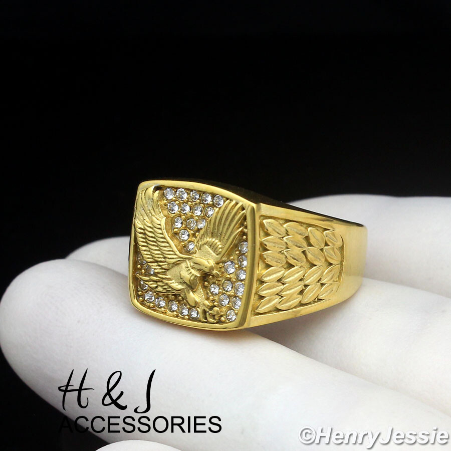 MEN Stainless Steel Icy Bling CZ Gold Plated/Silver 3D EAGLE Square Ring*ASR153