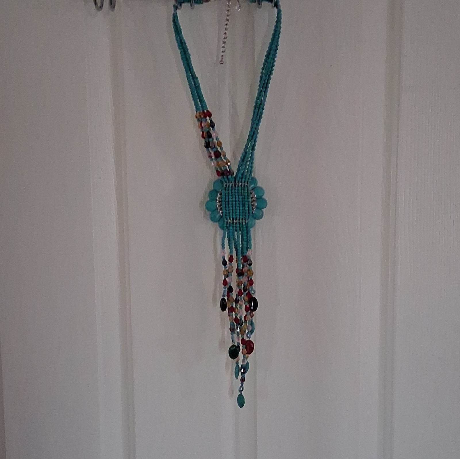 Turquoise Multi-Strand Beaded Statement Flower Pendant Necklace Adjustable