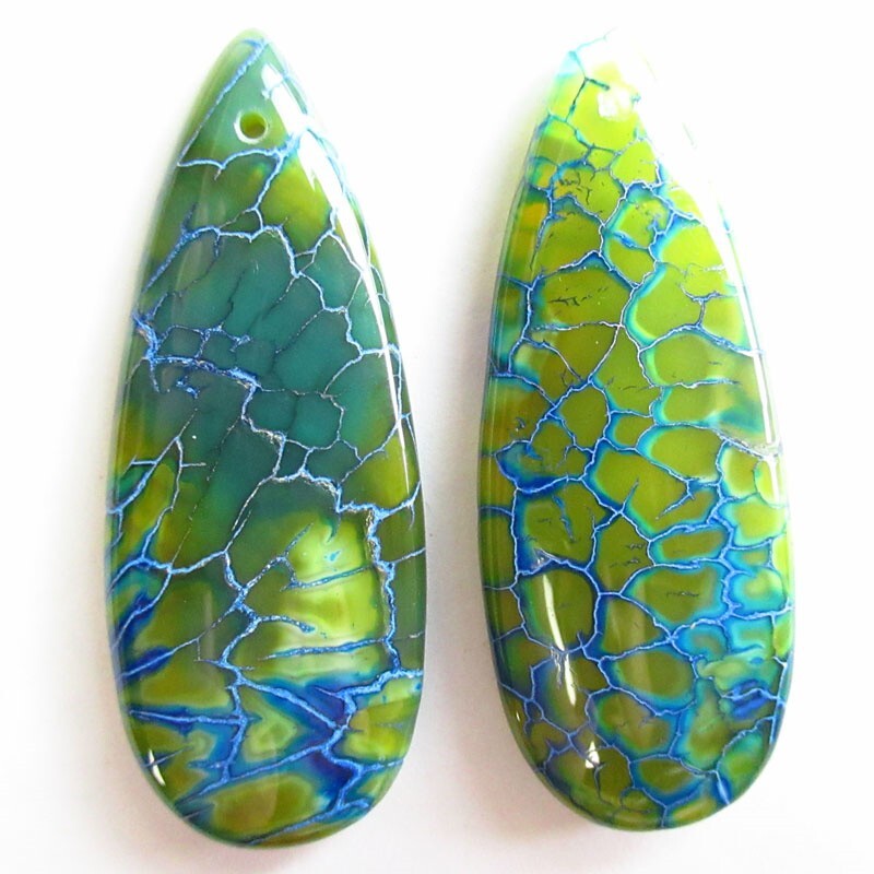 2Pcs Green&Blue Fire Agate Teardrop Pendant Bead 49x19x6mm D37536