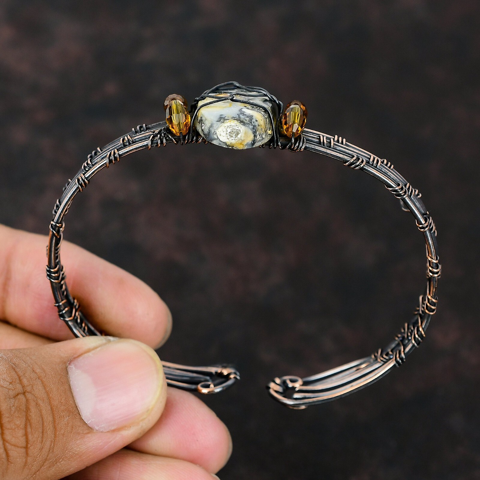 Gift For Her Maligano Jasper Wire Wrapped Adjustable Bangle Copper Jewelry