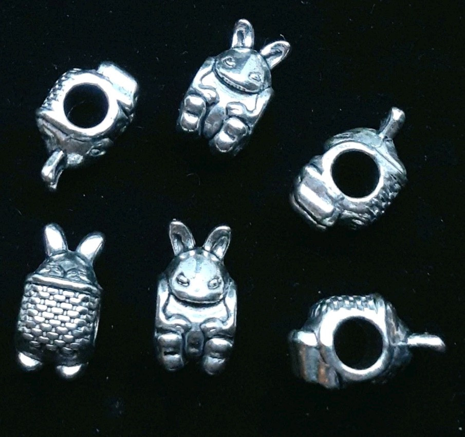 6 Count Alloy Silver Easter Bunny With Basket Charm European Bead 4.5mm Hole