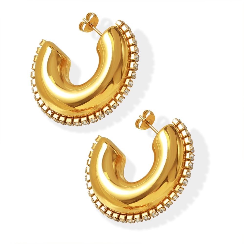 Niaspi C-Shaped Chunky Hoop Earrings for Women 18K Gold Plated Cubic