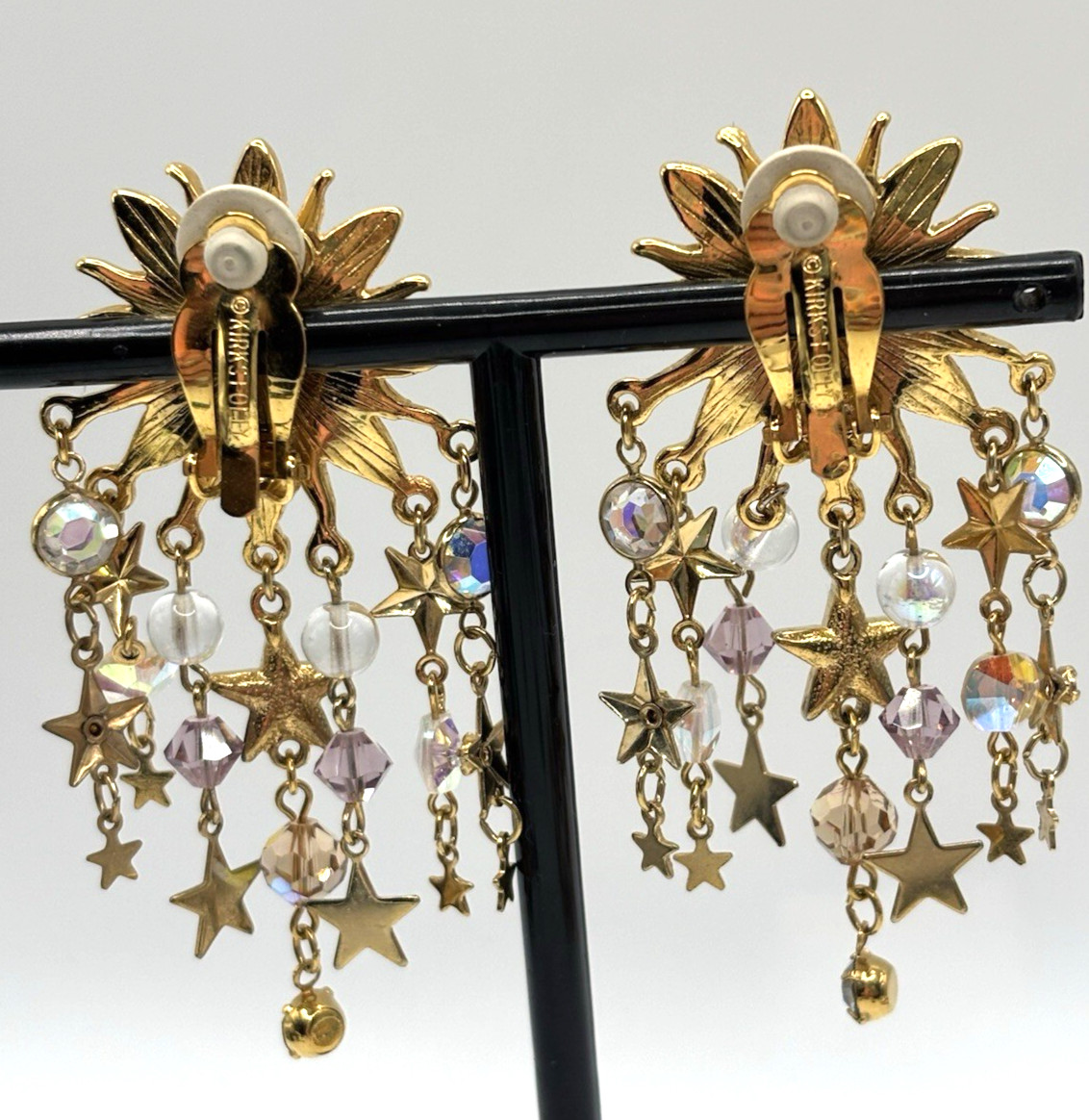 Kirks Folly Clip-On Celestial Sun Stars Vintage Dangle Gold Tone Earrings 3″