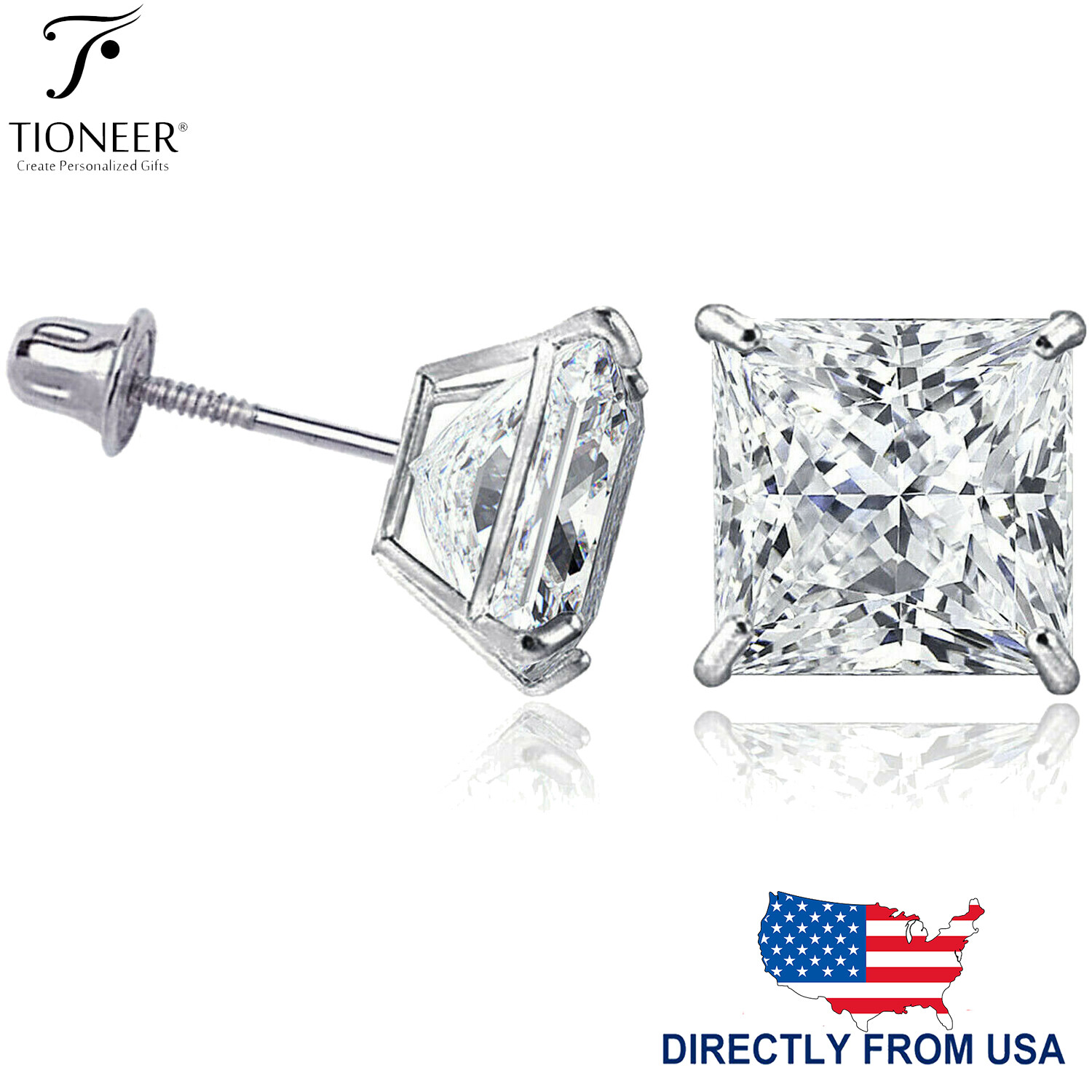 14K White Gold Square Princess Cut Cubic Zirconia Screw Back Ear Stud Earrings