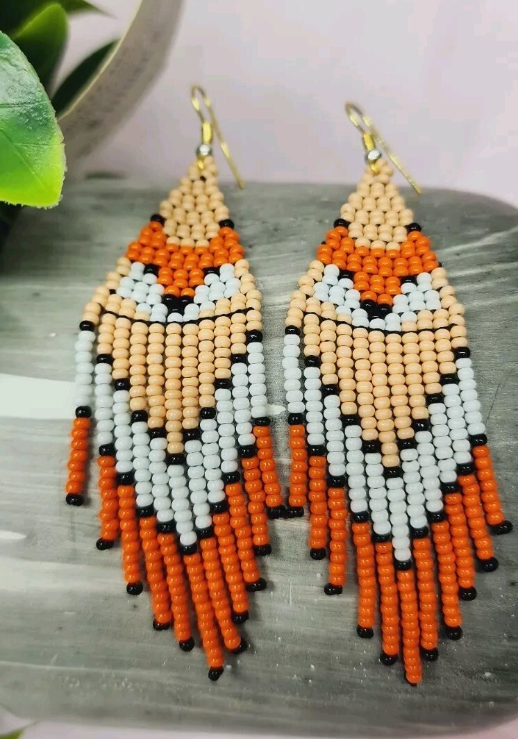 Hand Beaded Seed Chandelier Earrings. Fox Desing. Long 3.5 In
