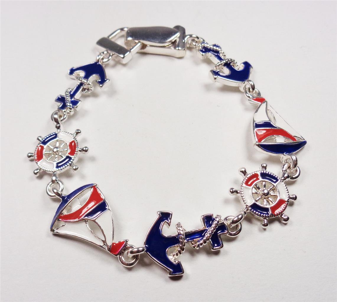 BEACH FASHION NAUTICAL SHIPS WHEEL ANCHOR AND SAILBOAT SEA LIFE RHODIUM BRACELET