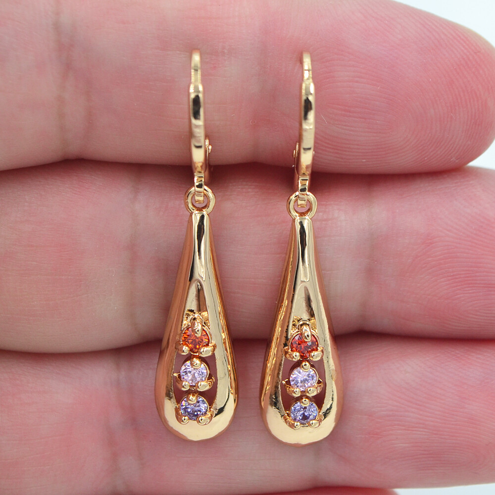 18K Yellow Gold Filled Women Rainbow Mystic Topaz Long Teardrop Dangle Earrings