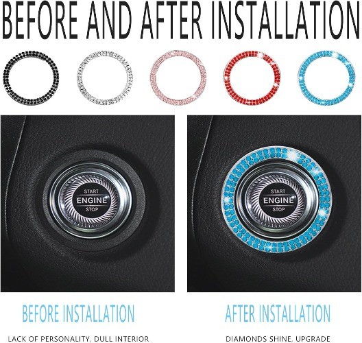 Blue Crystal Push Start Engine Button Cover, Rhinestone Start Stop Color: Blue