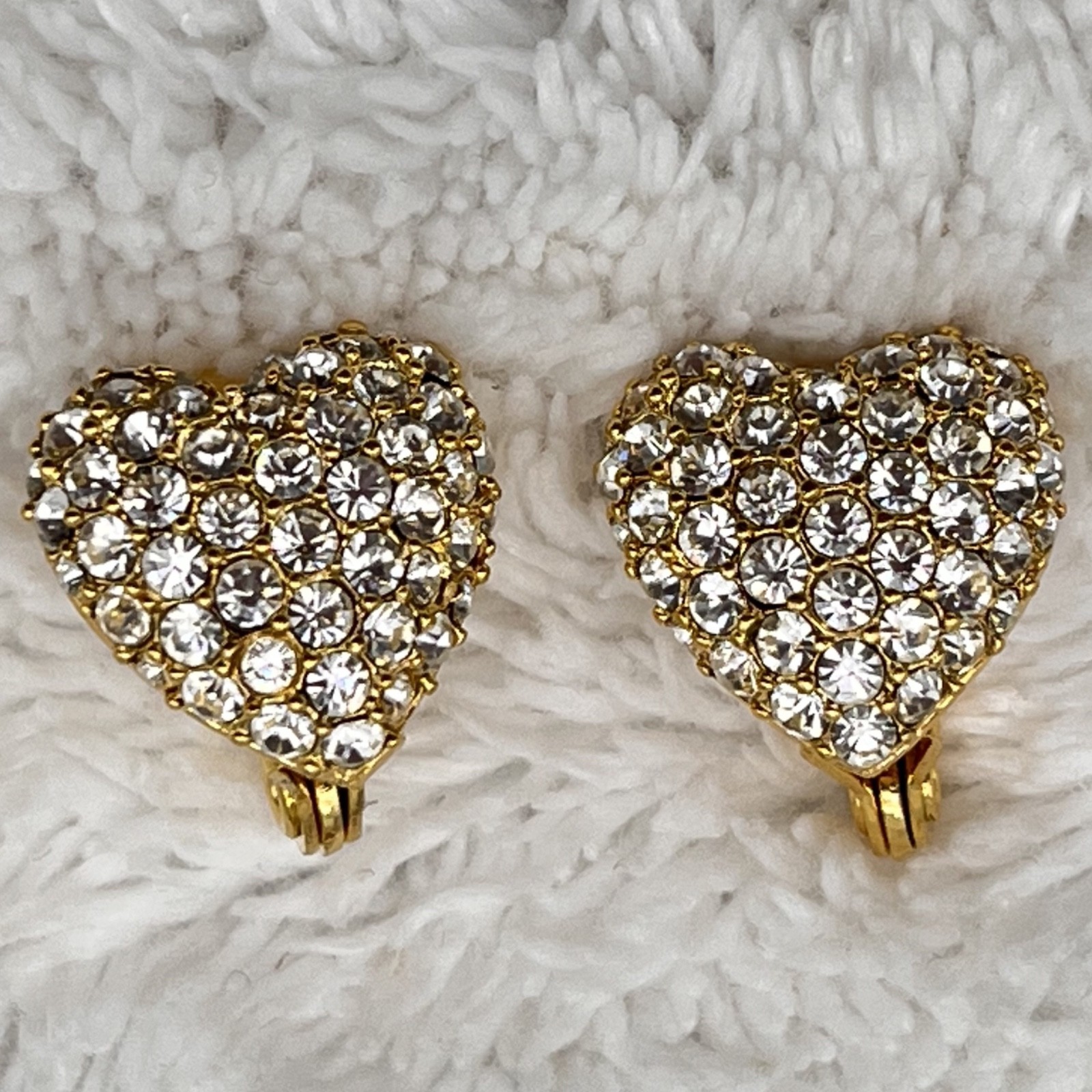 Puffy Heart Earrings Rhinestone Clip Ons Nice Quality .75″