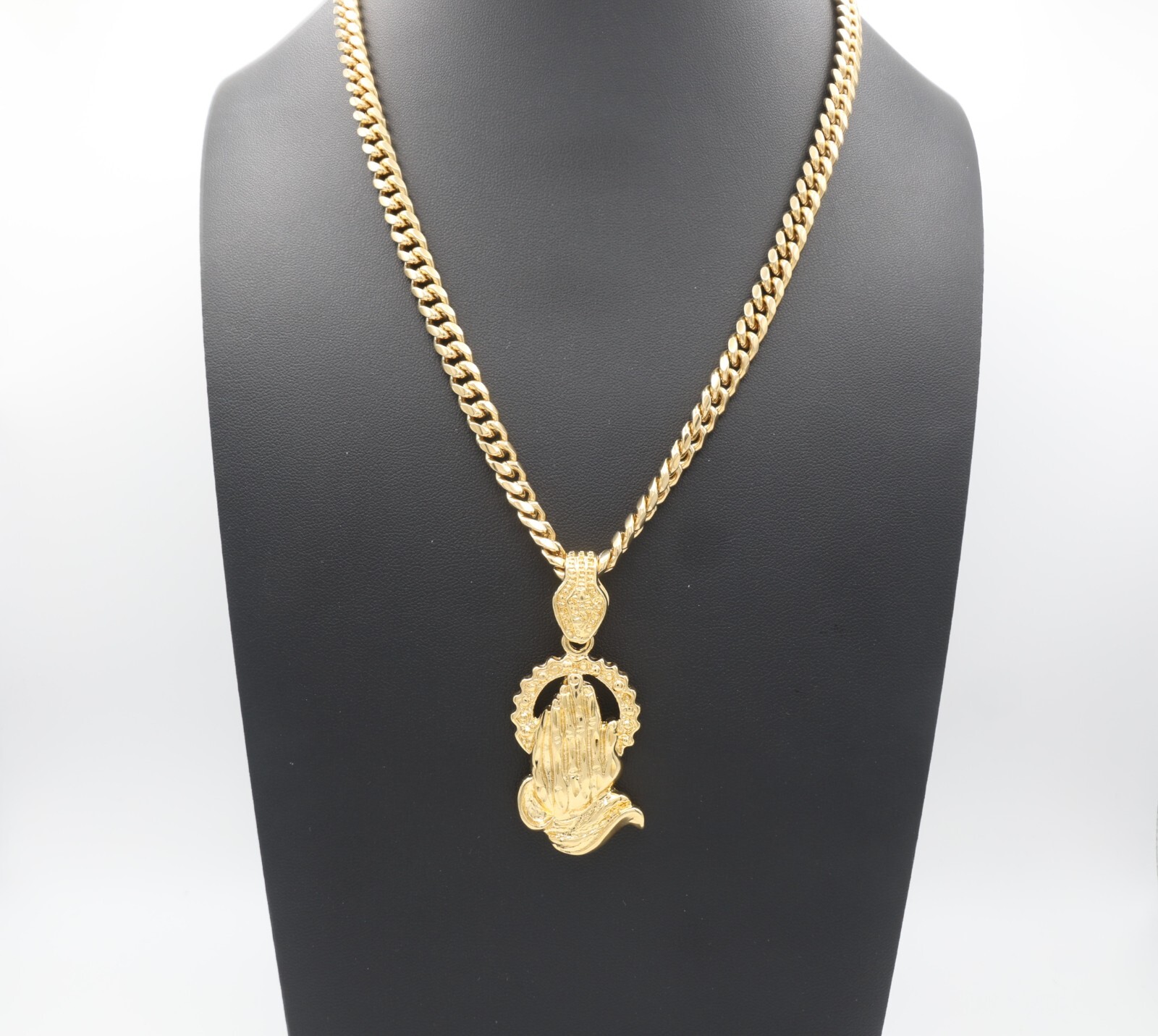 Gold Praying Hands Necklace, Large 7mm Cuban Link Chain, 14k Heavy Plated Gold