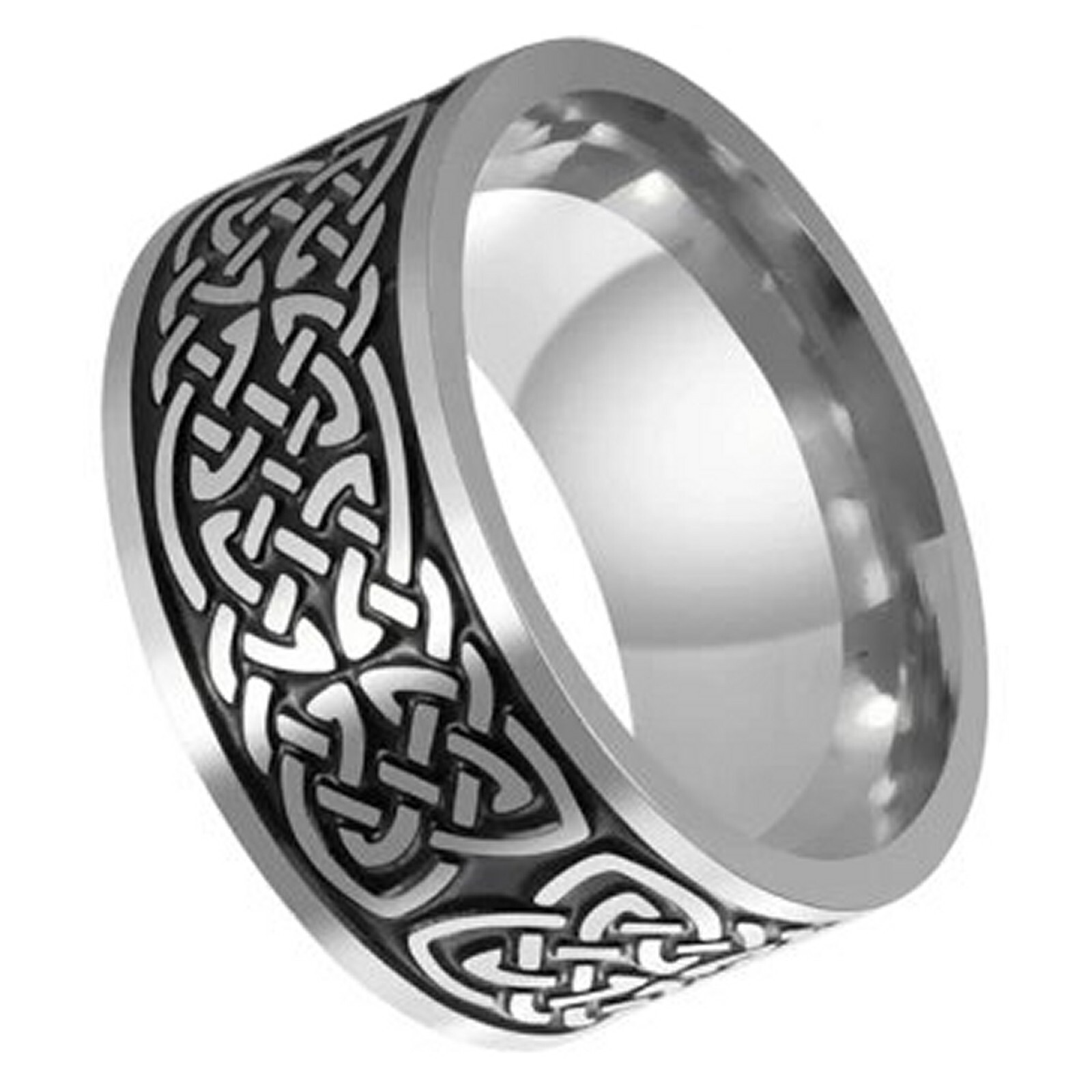 Norse Knotwork Ring Black Silver Stainless Steel Celtic Viking Weave Band