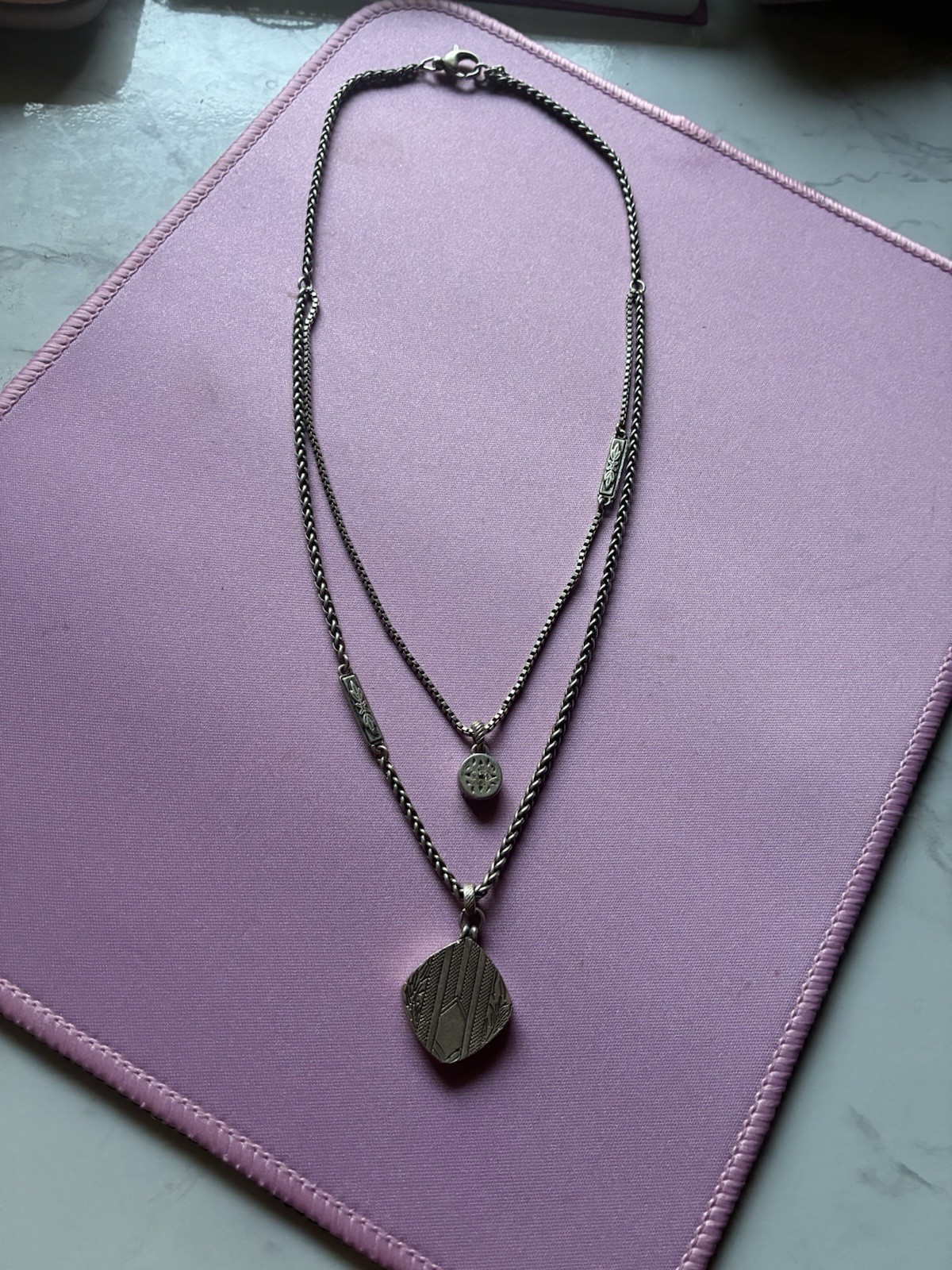 Fossil Silver-Tone Double Strand Layered Chain Necklace Asym Charm Signed