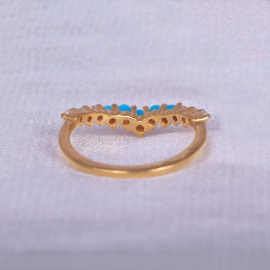 Genuine Turquoise & CZ Stacking Engagement Ring, 925 Silver Yellow Plated Ring