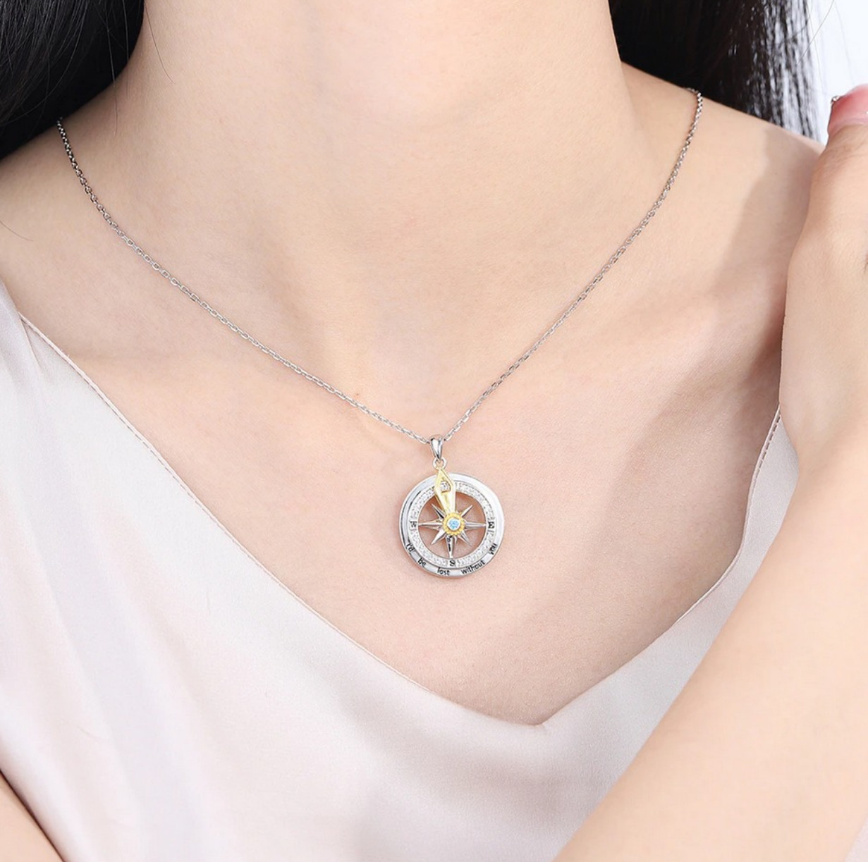 18K 925 Sterling Silver ‘Lost Without You’ Inspirational Rotate Compass Pendant