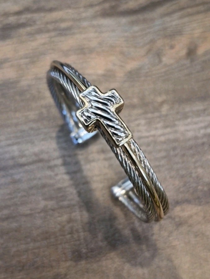 Non-Magnetic Silver & Gold Tone Twisted Metal Cross Detail Cuff Bracelet