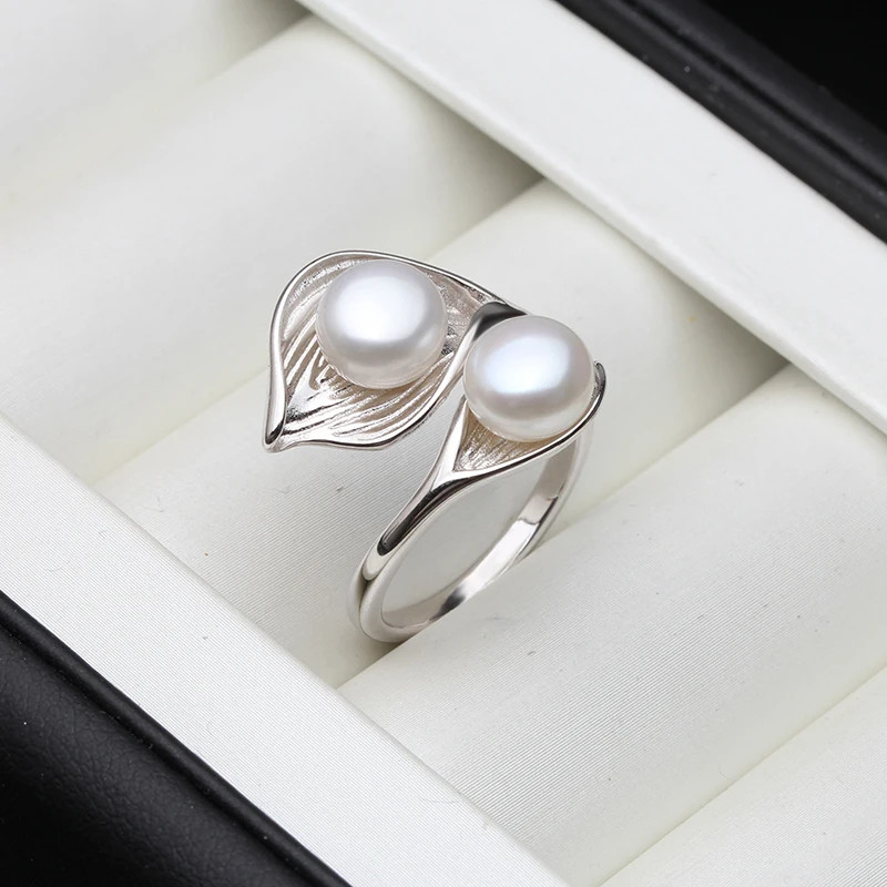 925 Sterling Silver Ring Freshwater Pearl Adjustable Double Band Jewelry