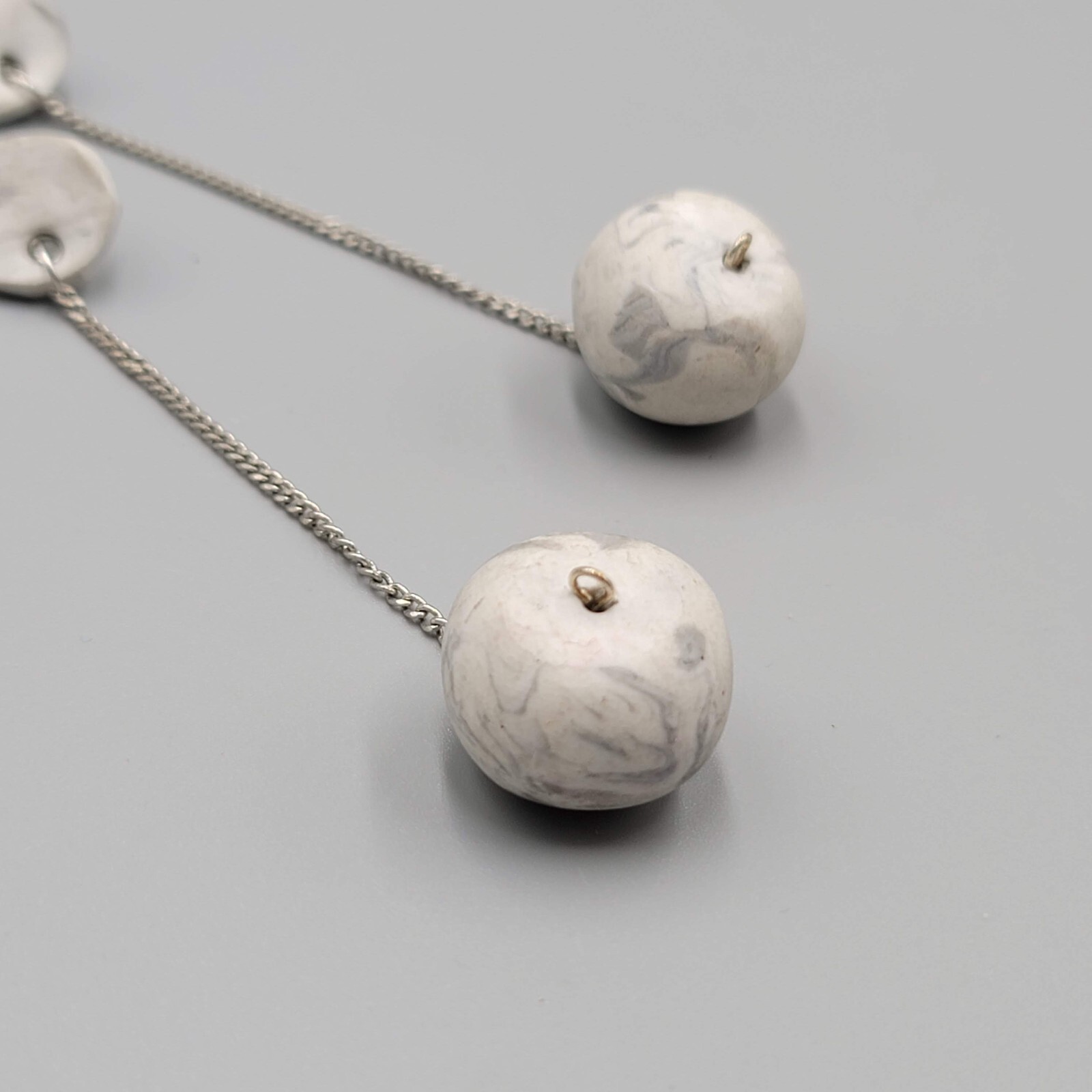Polymer Clay Statement Pierced Earrings Silver tone Gray Dangle Long 3.75″
