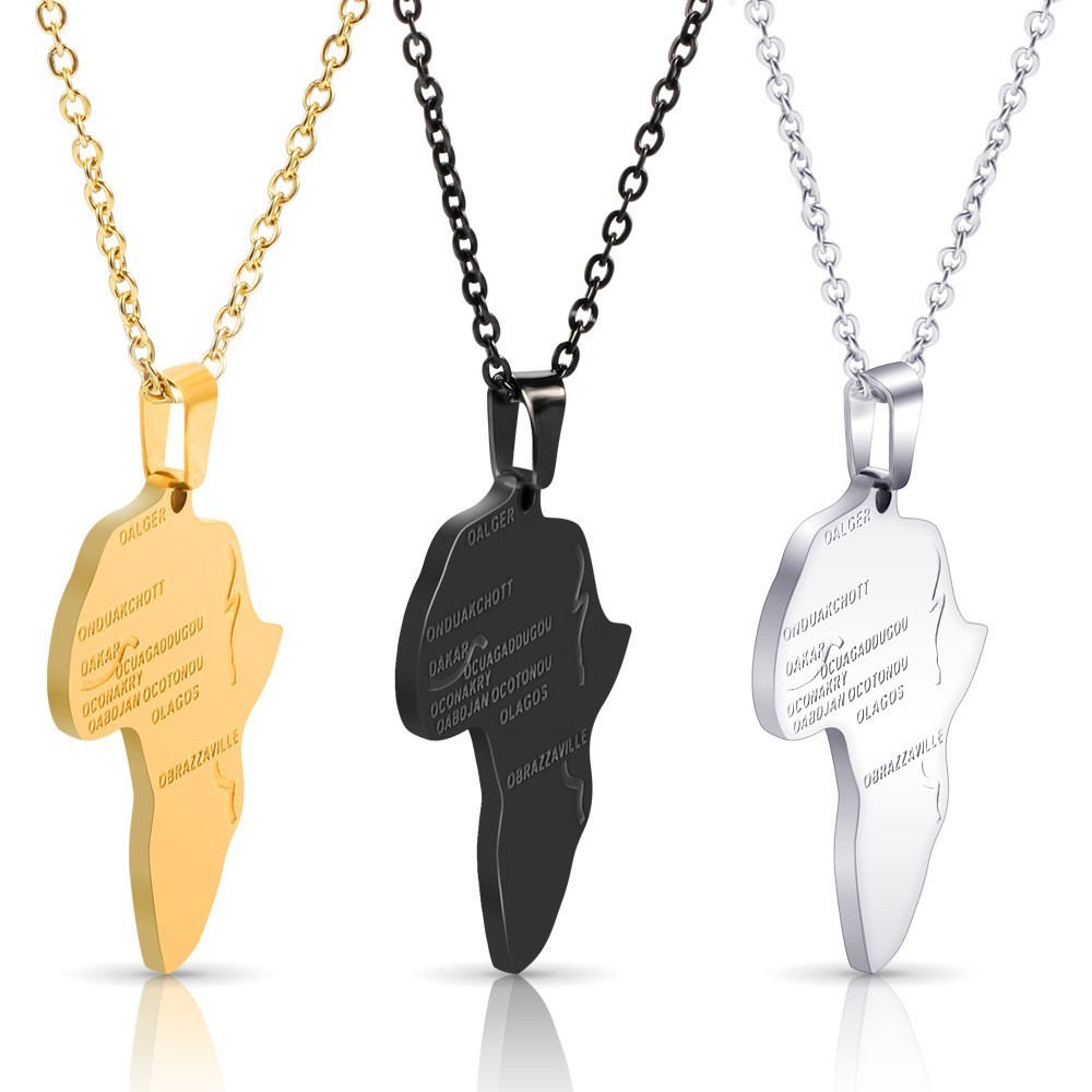 Africa Map Pendant Necklace with Engraved Capital Cities Stainless Steel Jewelry