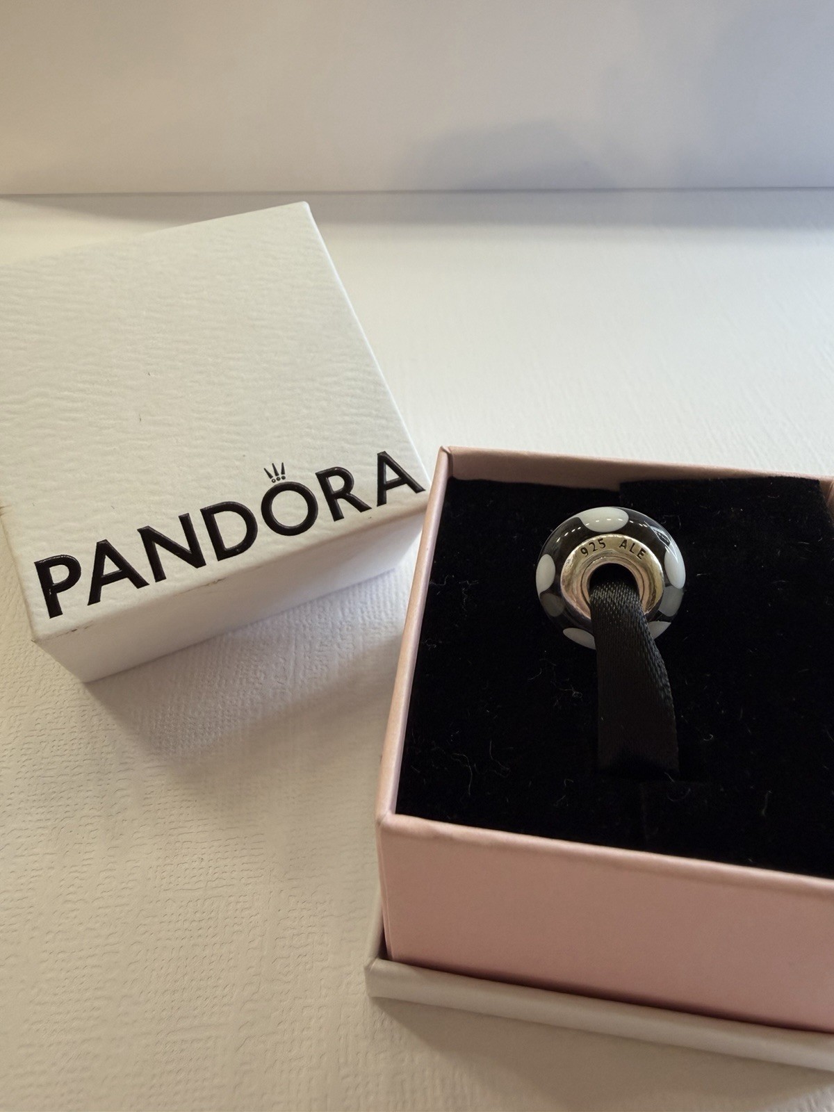 PANDORA Signed Black White Enamel Round Bead Charm Sterling Silver 925