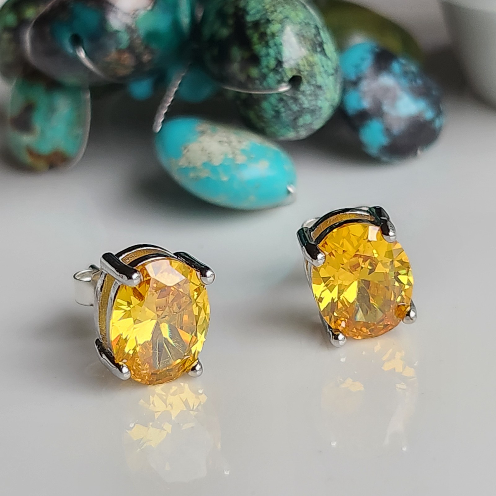 925 Sterling Silver 3.5CT Oval Citrine Stud Earrings 14k White Gold Plated