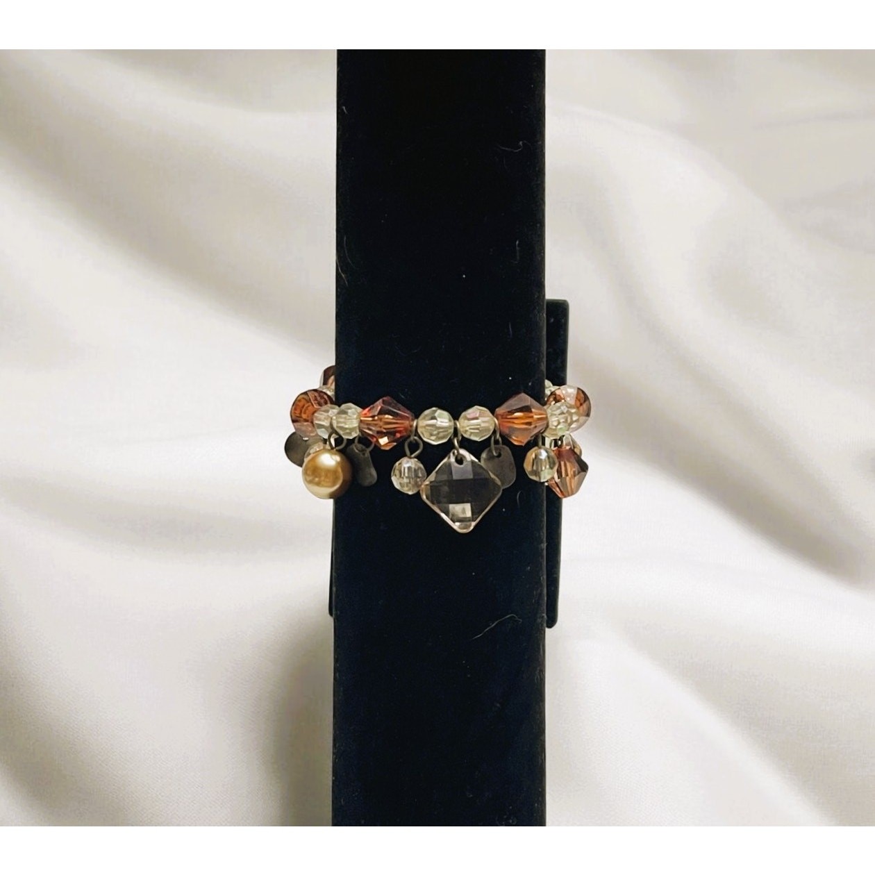 Premier Designs Brown, Beige, Iridescent Clear, Gold Beaded Stretch Bracelet