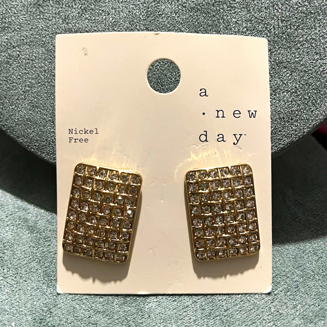 A New Day Gold Tone Crystal Rhinestone Rectangle Stud Earrings Nickel-Free