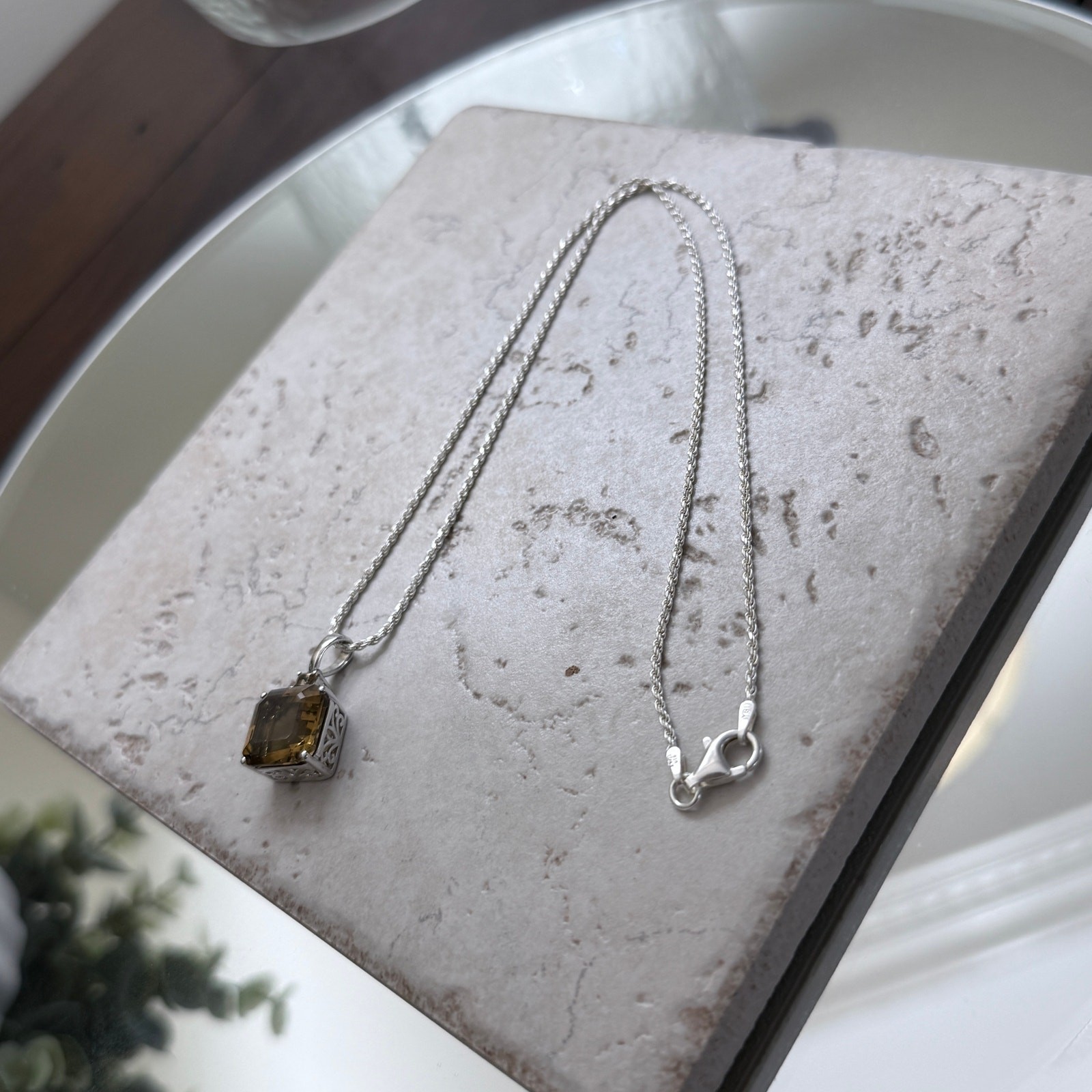 Champagne Quartz 6.71 ctw Square Pendant w/1.4mm Sterling Silver Rope Chain .925
