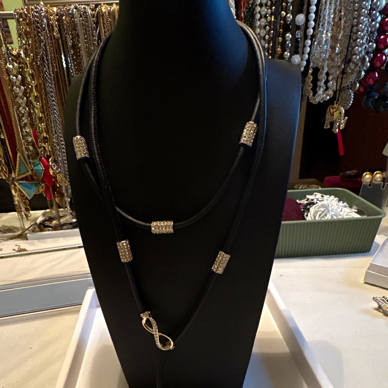 Statement Necklace Black Cord Tassel Lariat Crystal Rhinestone Pavé, Lobster