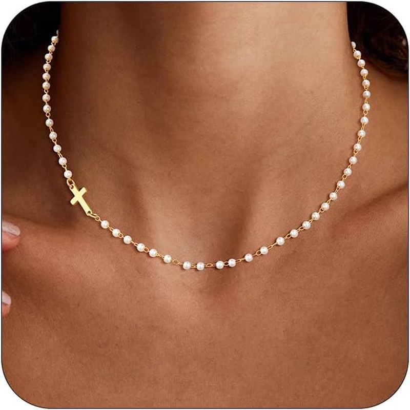 Gold Cross Pearl Layered Necklace for Women – Dainty Cross Pendant Necklace Chok