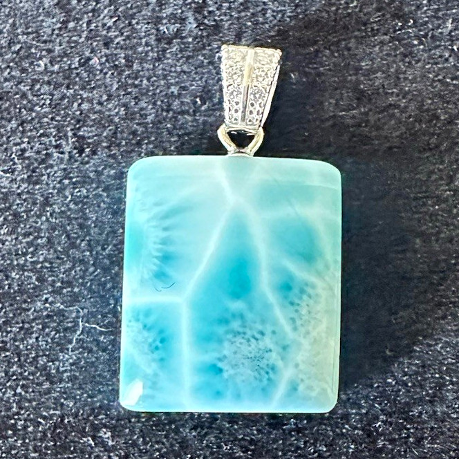 Square Blue Larimar Pendant, Signed Sterling Silver 925 (1 Stone)