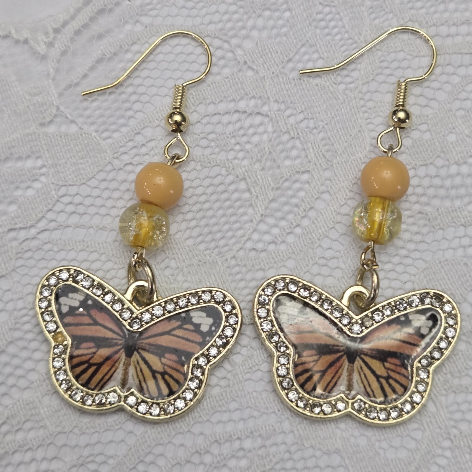 Earrings Butterfly Dangle Drop Beaded Gold Orange Yellow Animal Insect Nature
